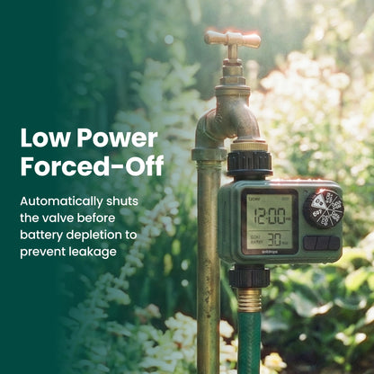 Soildrops Sprinkler Timer for Garden Hose, Programmable 1 or 2 Outlet Controller with Self-Cleaning Valve, 15-Day Frequency, Large Dial, Rain Delay & Auto-Off, IPX5