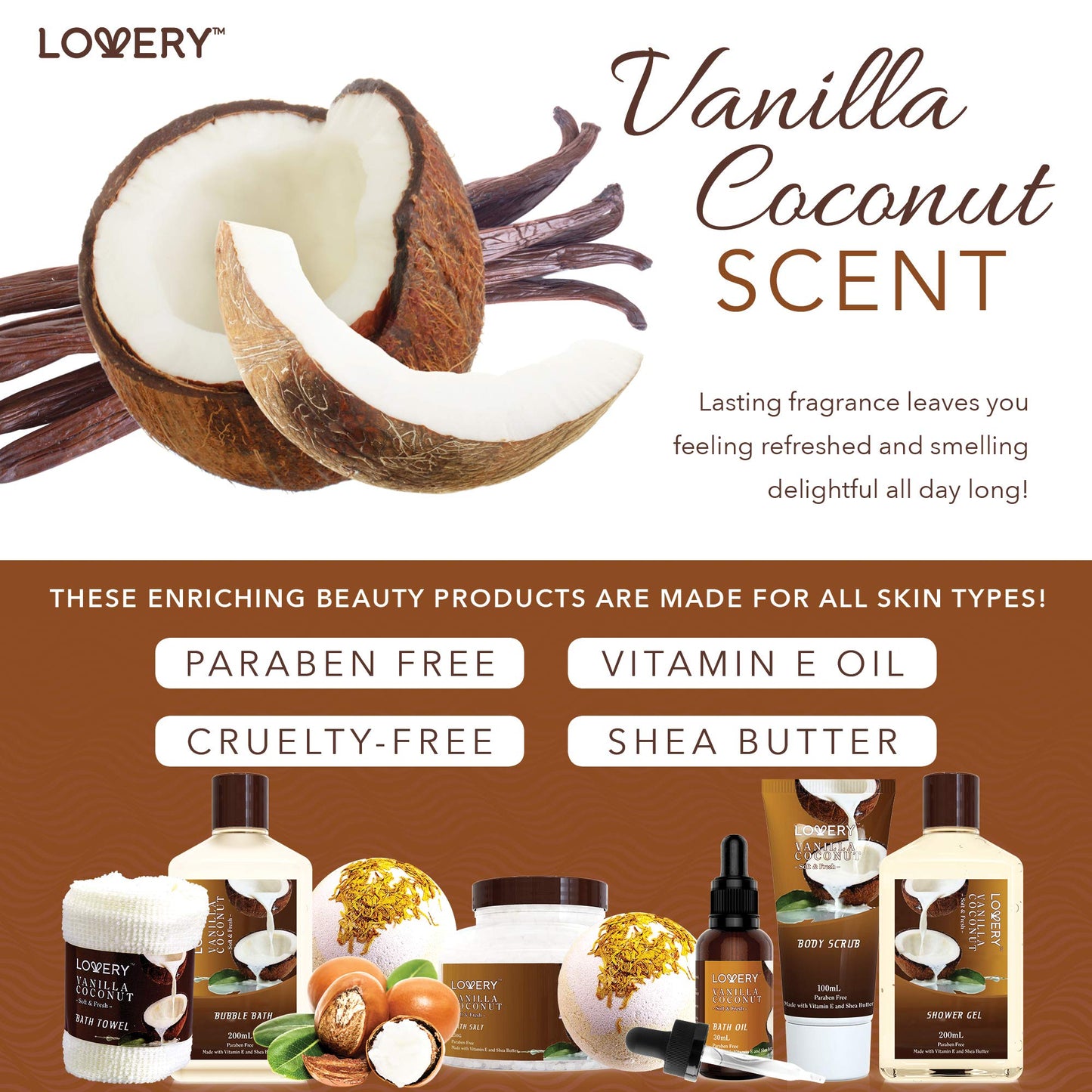 Gifts For Women Gift Basket for Women– 9 Piece Set of Vanilla Coconut Home Spa Set, Includes Fragrant Lotions, Extra Large Bath Bombs, Coconut Oil, Luxurious Bath Towel & More