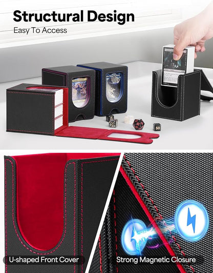 Card Deck Box for MTG Commander, Card Case Holds 100+ Double-Sleeved Cards, Magic Card Box Fits for TCG/PTCG/CCG Card with 2 Dividers (Black&Red)