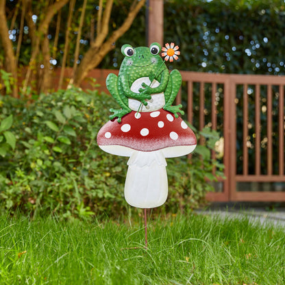 Glitzhome Mushroom and Frog Garden Yard Stake, 30 ”H Metal Stacked Yard Patio Charming Stake Powder-Coated Vibrant Finish Lifelike 2-in-1 Design Ornament Detachable Lawn Wall and Floor Decoration