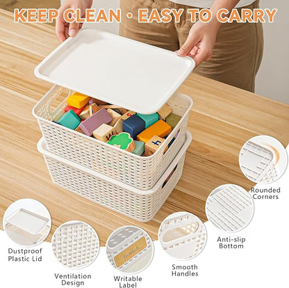 10 Pack Small Plastic Storage Bins with Lids, Stackable Plastic Storage Baskets for Organizing with Handles, Organizer Bins with Labels for Room, Craft, Containers for Pantry Organizers and Storage