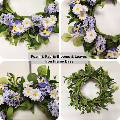 Zkieire 20 Inch Purple Artificial Lilac Daisy Pansy Wreath - Floral Wreath with Greenery for Front Door Wall Window, Spring Summer Indoor Outdoor Decor