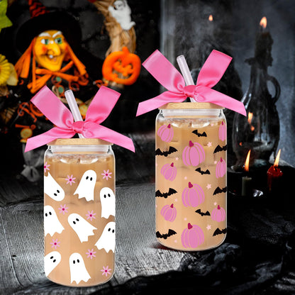 2 Pack Halloween Pumpkin Ghost Bat Iced Coffee Glass Tumbler Cups with Lids and Straws - 16Oz Spooky Halloween Pumpkin Ghost Glass Tumbler Gifts With Pink Bow-knot for Women, Girls, Kids