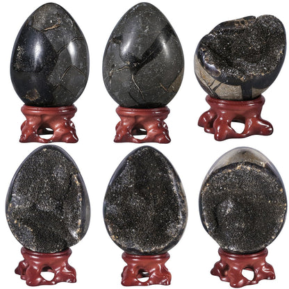 TUMBEELLUWA 75-95 mm Black Crystal Egg with Display Stand, Natural Septarian Dragon Stone Crystal Geode Cluster Gemstone Eggs Figurine Collectibles for Home Table Decor