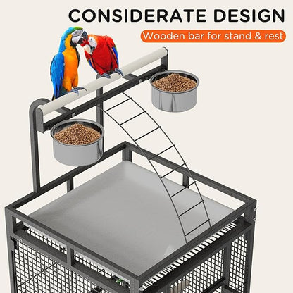 60 Inch Wrought Iron Large Bird Cage with Rolling Stand, Metal Parrot Cage with Play Top & 4 Stainless Steel Bowls for African Grey Cockatiel Sun Parakeet Green Cheek Conure Lovebird Budgie, Black
