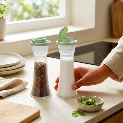 Tupperware Large Hourglass Salt and Pepper Shakers Clear Containers with Sage Green