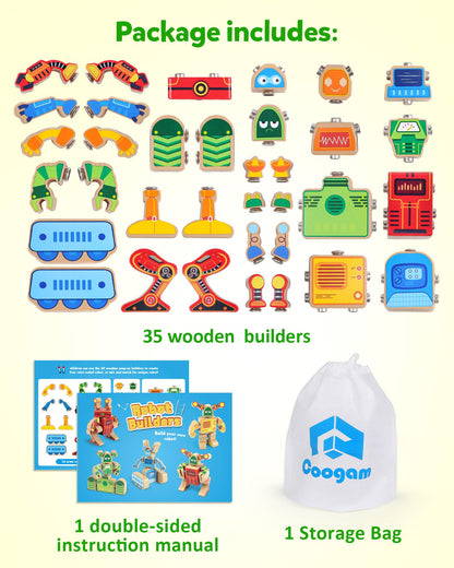 Coogam Fine Motor Building Robot Blocks for 3 4 5 Years Old Kids, Wooden Snap Together Builders, STEM Take Apart Robot Playset, Educational Learning Toy Gift for Boys Girls