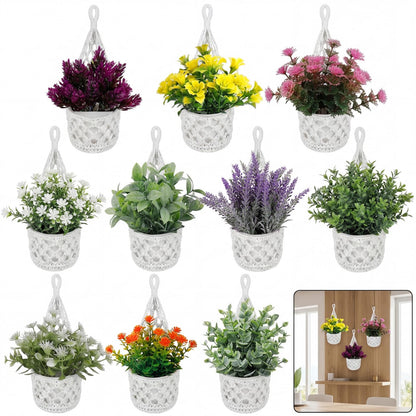 GliCraft 10 Pack Macrame Wall Plant Hanger with Artificial Pot Flower - Boho Wall Hanging Planter for Indoor Plant Cotton Rope Holder with Mini Fake Pot Flower for Home Wedding Decor Gift(White)