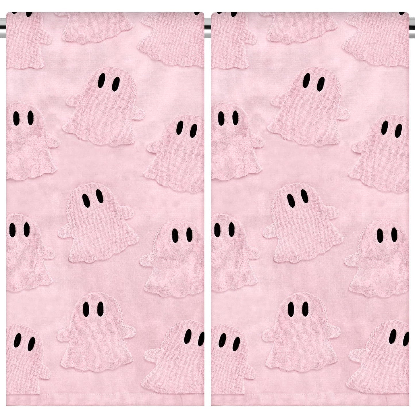 Whaline 2Pcs Halloween Hand Towel Pink 3D Ghost Jacquard Cotton Towel Absorbent Dish Towels for Kitchen Bathroom Drying Cleaning Cooking, 13.8 x 29.5 Inch