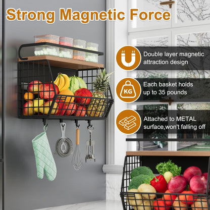 Clothink Magnetic Shelf for Fridge,Hanging Wall Basket for Potato Onion Fruit and Vegetable Storage Bins,Large Produce Container Magnetic Spice Rack for Refrigerator Kitchen Counter Pantry,Black