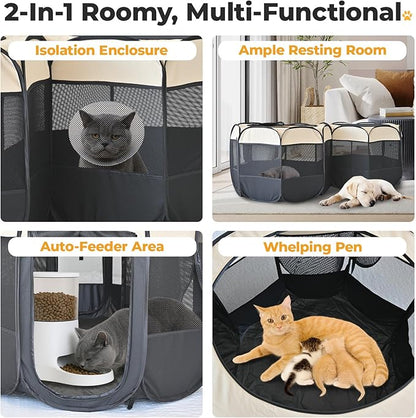 EighteenTek® 2-in-1 Pop Up Cat Playpen, Assembly-Free Dog Puppy Pet Playpen, Indoor Outdoor Cats Enclosed, Cat Tent House Crate Cage, Portable & Foldable Playpen for Kittens(No Divider, Unified Space)