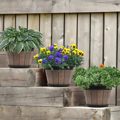 Quarut 4 Pack 8 inch Plant Pot,Upgrade Whiskey Barrel Planters with Drainage Holes & Saucer,Plastic Decoration Flower Pots Retro Design,Planters for Outdoor Indoor Garden Home Plants (Brown)