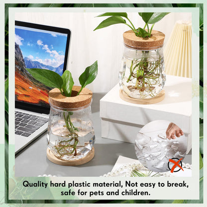 Baderke 12 Packs 4.7" Large Plastic Propagation Vases for Plants with Hole Lid and Bamboo Stand Growing in Water Hydroponic Home Office Desktop Vase Decoration