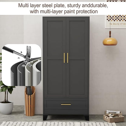 71"H Metal Tall Armoire Wardrobe Closet with Drawer,Household Steel Wardrobe Closet Cabinet with Drawers,Clothing Storage Wardrobes Cabinet with Adjustable Shelves and Hanging Rod For Bedroom