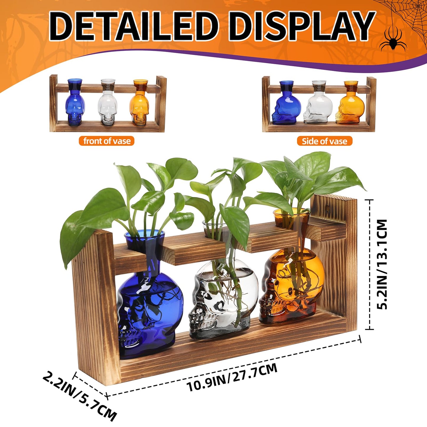 Plant Terrarium Propagation Stations Hydroponics Halloween Skull Planter Vase Skulls Decor with Wooden Stand Gift for Father