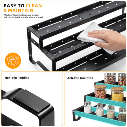 PEEKUP 3-Tier Spice Rack Organizer, 13"-21.5" Expandable Spice Organization Shelf, Metal Seasoning Organizer for Kitchen Countertop or Pantry, Slip-Resistant Design for Jars and Bottles, Black