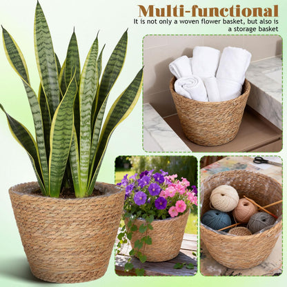 Wicker Planter Baskets with Plastic Liner: 2Pcs Round Seagrass Planter Storage Baskets, Straw Woven Rattan Flower Plants Pot Covers for Indoor Outdoor, Rustic Boho Farmhouse Decor 9 X 9 X 6.5''