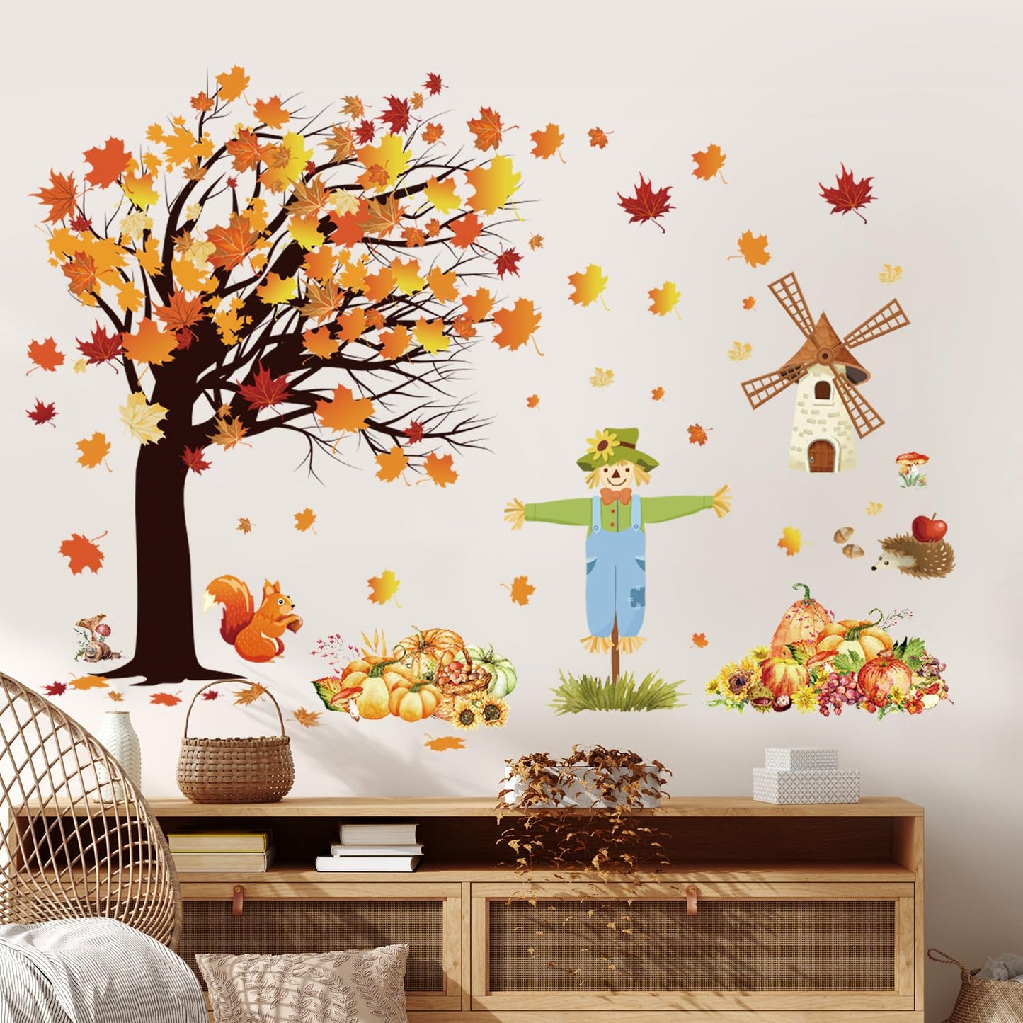 Fall Maple Leaves Wall Decals Autumn Pumpkin Scarecrow Wall Stickers Thanksgiving Fall Tree Wallpaper Cute Sqiirrel Windmill Mural DIY Removable Wall Art for Kids Bedroom Playroom