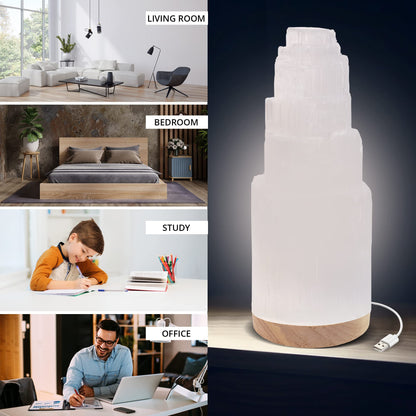 Salt 84 Selenite Crystal Lamp, 20 cm Tall, High Energy Skyscraper Lamp with Wooden Base & USB Charging Cable, ETL Certified, Hand Curved Selenite for Spiritual Protection and Therapy
