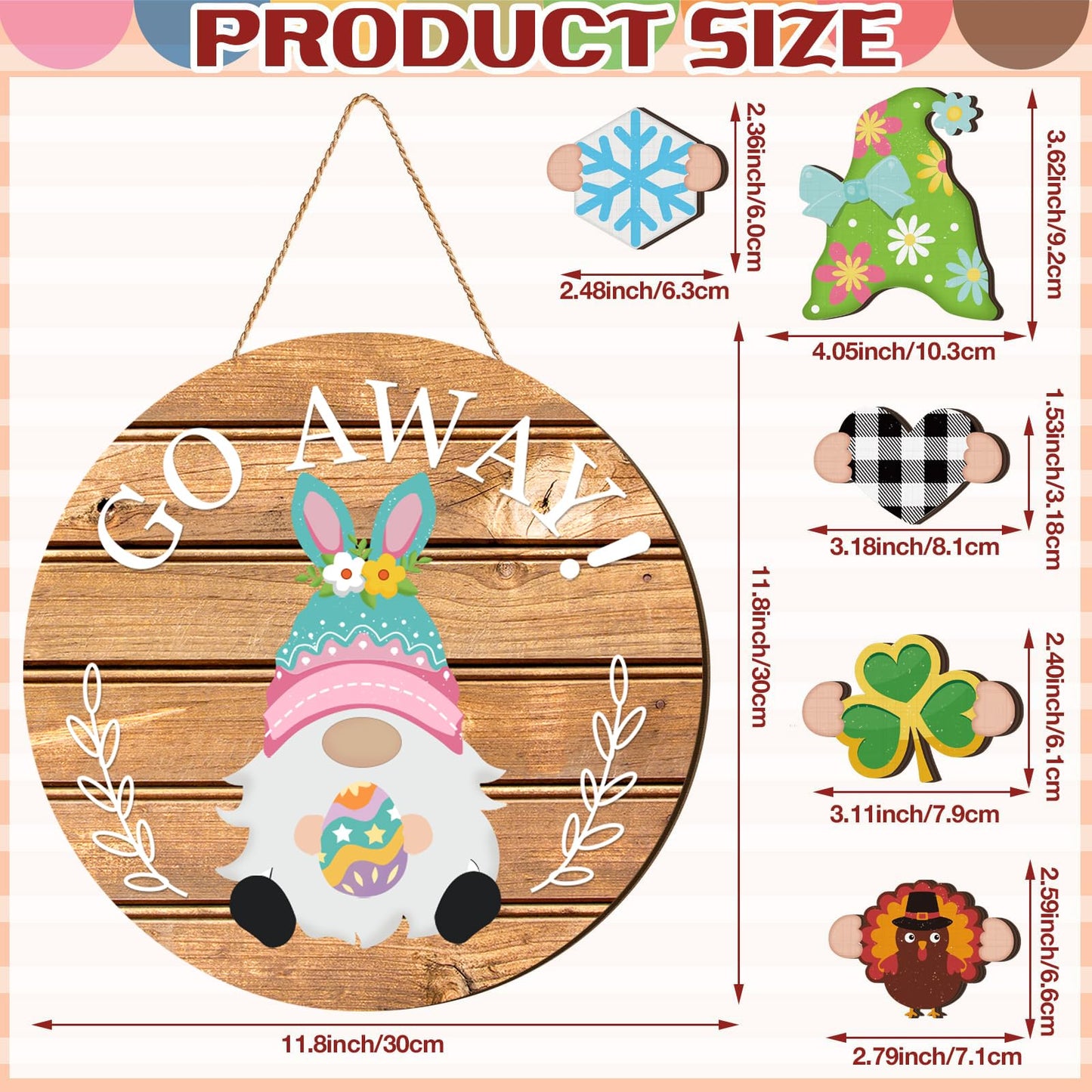 Seasonal Gnome Wall Decor Set, 11.8 inch Wooden Round Sign with Interchangeable Holiday Hats, Welcome Door Hanging (Delicate)