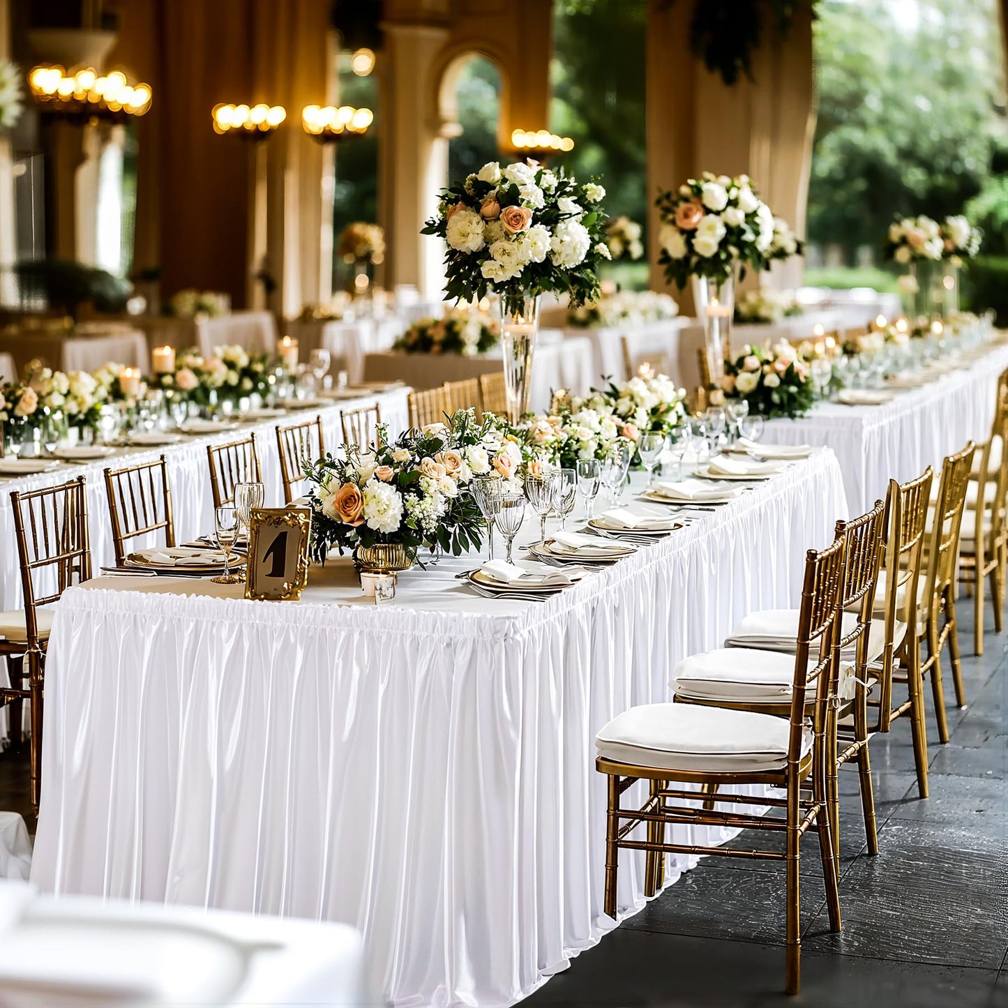 14ft Length Satin White Table Skirt Rectangle Tables, Wrinkle Resistant Ruffle Table Skirting Glitter Teacher Desk Cover Skirt for Dorm Office Birthday Party Wedding Buffet Displays Trade Shows