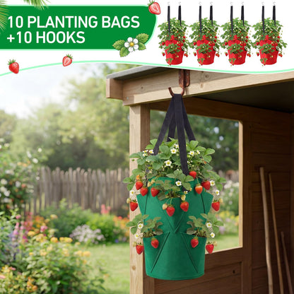 SATINIOR 10 Pack Upside Down Strawberry Planter Set Hanging Vegetables Grow Bags with 10 S Hooks, 3 Gallon Fabric Planting Bags for Easy Vertical Gardening(Deep Green)