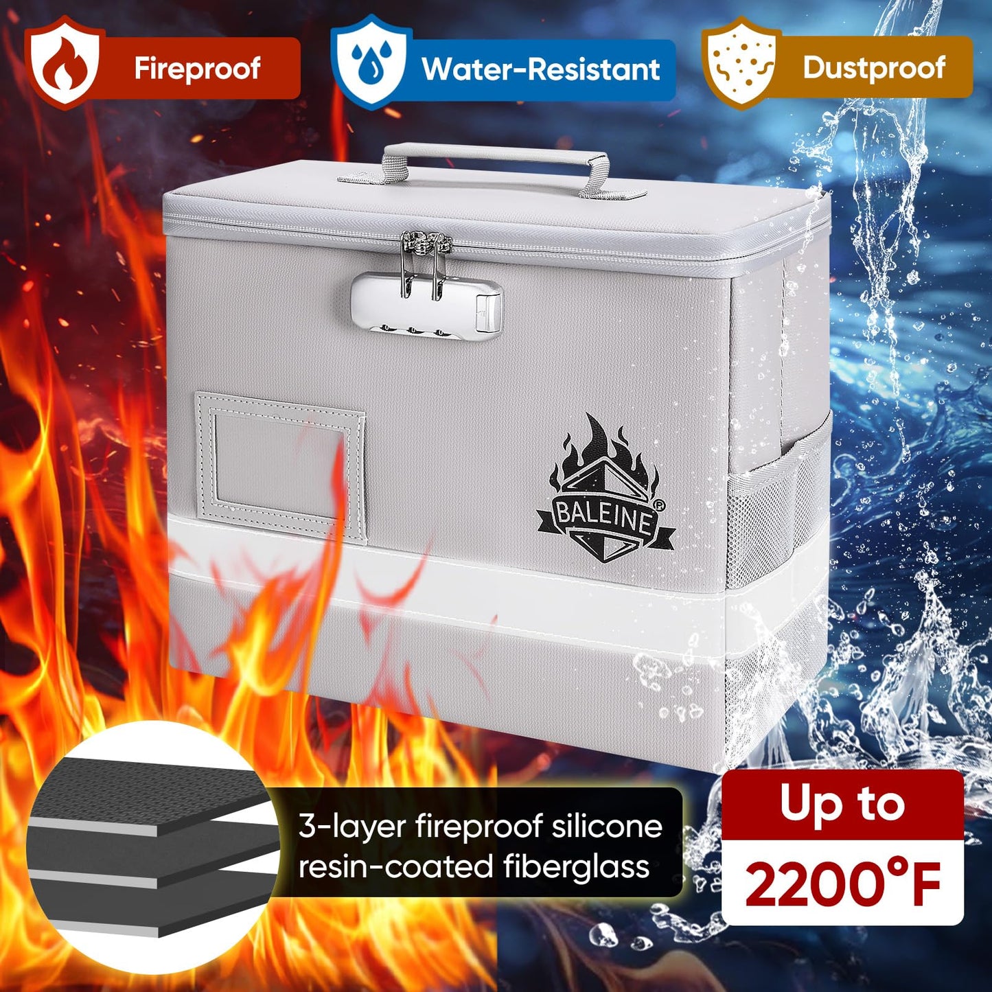 BALEINE Fireproof Document Box with Lock, Portable Fireproof Document Bag Waterproof Fire Proof File Boxes for Documents, File Organizer Box for Important Paperwork (Silver, 12.5''x10.5''x6'')