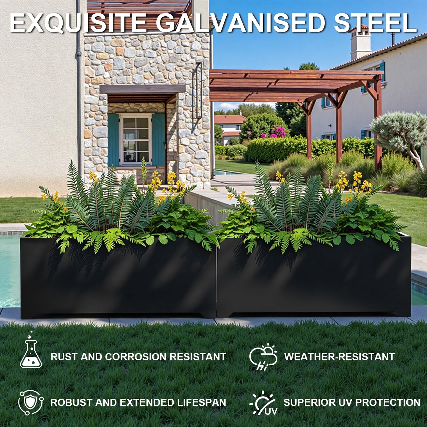 Gabviem Metal Planter Box 36" L x 15" W x 15" H, Rectangular Trough Planter Box with 6 Drainage Holes & Raised Bottom, All-Weather Garden Planter Box for Outdoor Patio/Porch, Lawn, Black