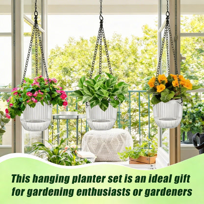 12 Pcs 4.5 Inch Self Watering Hanging Planters for Indoor Outdoor Plants Bulk Pet Small Hanging Flower Pots with Chain Hooks Drainage Holes with Labels 3 Transplant Tools Baskets for Simple Plant Care