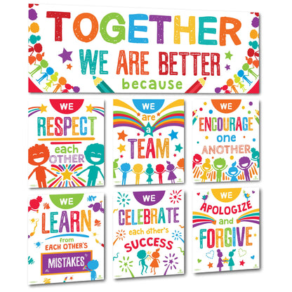 Sproutbrite 7 Educational Posters & Charts - Big Banner 13.5" x 39" Smaller 12" x 13.5" - Together We Are Better Banner & Teacher Posters - Bulletin Board and Wall Decor for Pre, Elementary and Middle School - Promotes Respect, Teamwork, and Positive Clas
