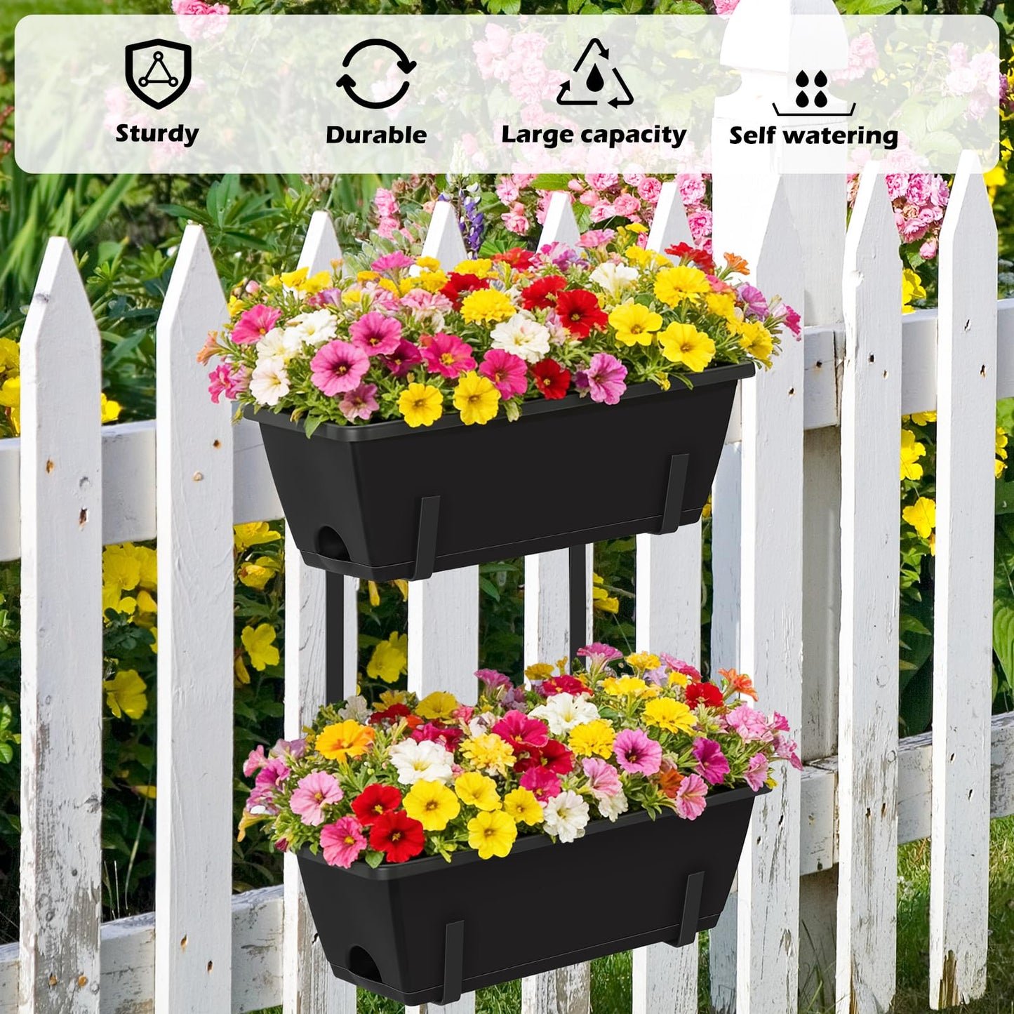 YAHKBTEN Railing Planter Boxes 2 Pack Window Boxes Planters with 2-Tier Adjustable Brackets, 17'’ Deck Railing Planter Boxes Vertical Balcony Hanging Flower Pots for Fence Rail Porch Garden Decor