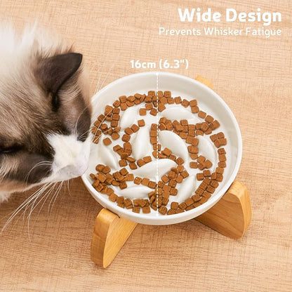 Raised Ceramic Slow Feeder Cat Bowl 6.3" Wide with Stand (1 Pack) | Anti-Gulping & Keep Fit, Dishwasher Safe, For Dry and Wet Food, For Cats and Small Dogs, Shallow Bottom Puzzle Feeder