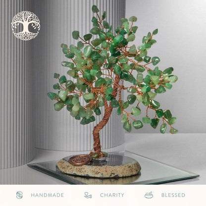 KARMA AND LUCK Jade Crystal Tree of Life, Feng Shui Money Tree Decor with Natural Jade Gemstones, Copper Wire Bonsai Tree on Agate Base, Spiritual Home, Office, Desk Decor Gift, 8" Medium