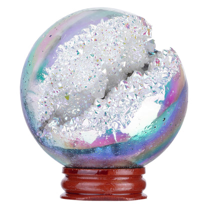 Sportmusies Titanium Coated Rock Crystal Geode Ball with Wooden Stand, Druzy Quartz Stone Cluster Sphere Reiki Home Office Decoration, Angel Aura