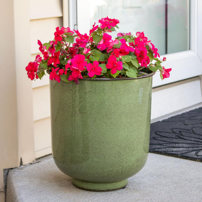 Sunnydaze Vivian 11" Metal Outdoor Plant Pot Set with Drainage Holes and Rubber Plugs - Jade Glaze - Set of 2