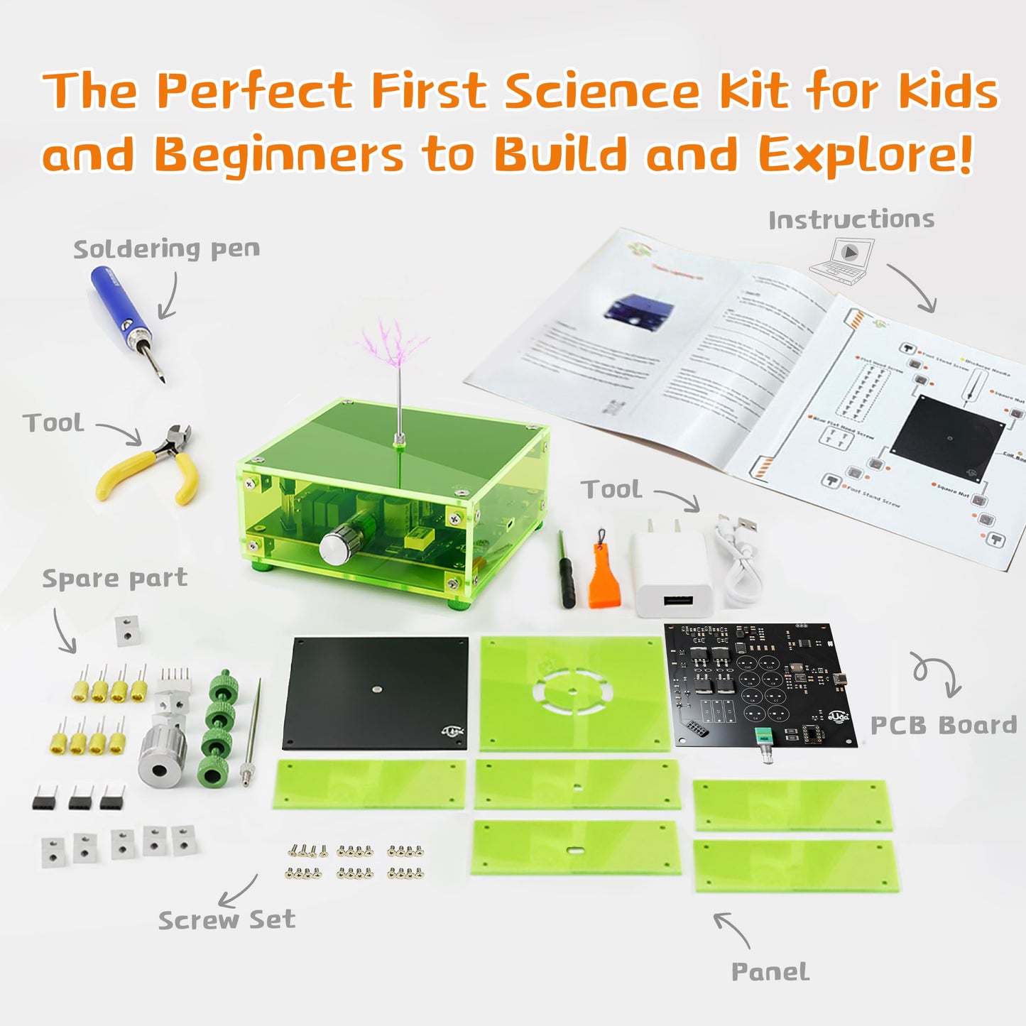 eUda+ STEM Tesla Lightning Kit for Kids&Adults Science Kits for Kids Age 12-14 Build Your Tesla Coil Kit Stem Kits for Kids Age 14-16 Soldering Practice Kit for Beginners 12+ (Soldering Version, RFG)