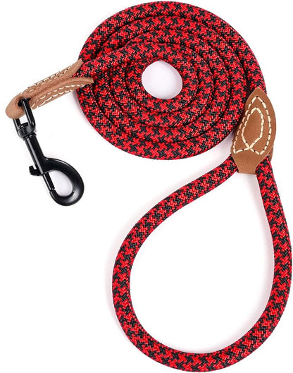 Mile High Life | Mountain Climbing Dog Rope Leash with Heavy Duty Metal Sturdy Clasp | Genuine Leather Tailored Connection with Strong Stitches (Red Black, 72 Inch (Pack of 1))