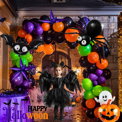 Halloween Balloon Garland Arch Kit 100+pcs Orange and Black Purple green balloons with Spooky Bat Pumpkin foil Balloons spider web for fall Halloween Party spooky-themed birthday Decorations