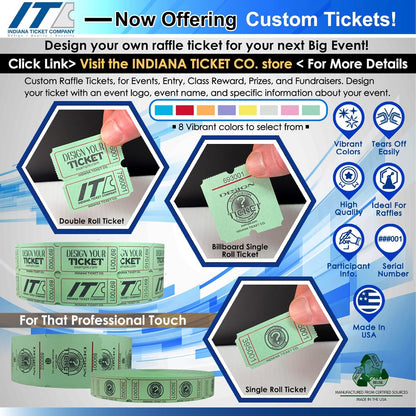 INDIANA TICKET CO. Double Roll Raffle Tickets – 1,000 Red, Events, Fundraiser, Carnival, Fair, Door Prize, Drink/Food Tickets, Classroom Reward, Bingo, Auction, 50/50 Cash Draw. (8 Color Selection)