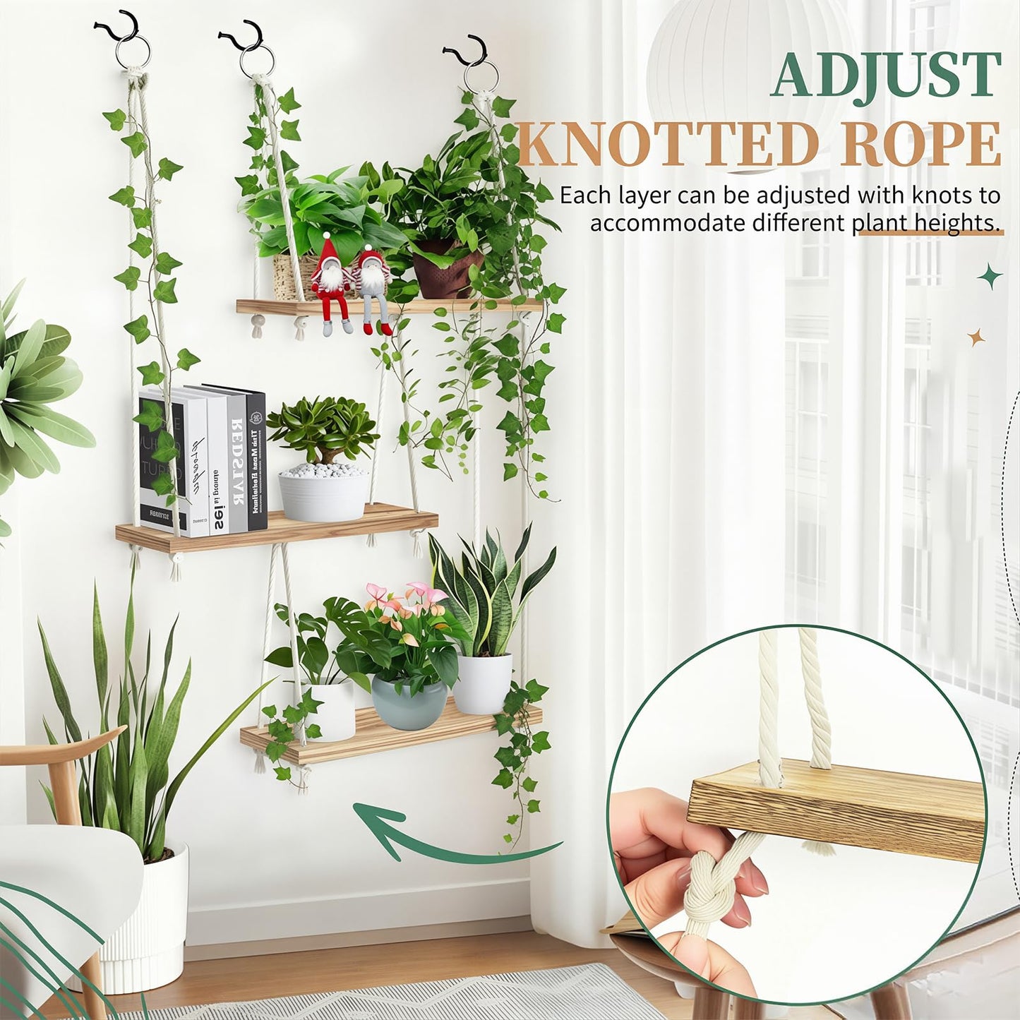 CMXZSAM Window Plant Shelves 3-Tier Boho Window Sill Plant Shelf Indoor Hanging Wood Window Plant Hanger for Plants Herb Garden, Flower, Succulents, Micro Greens, Seedling Pots Display Stand