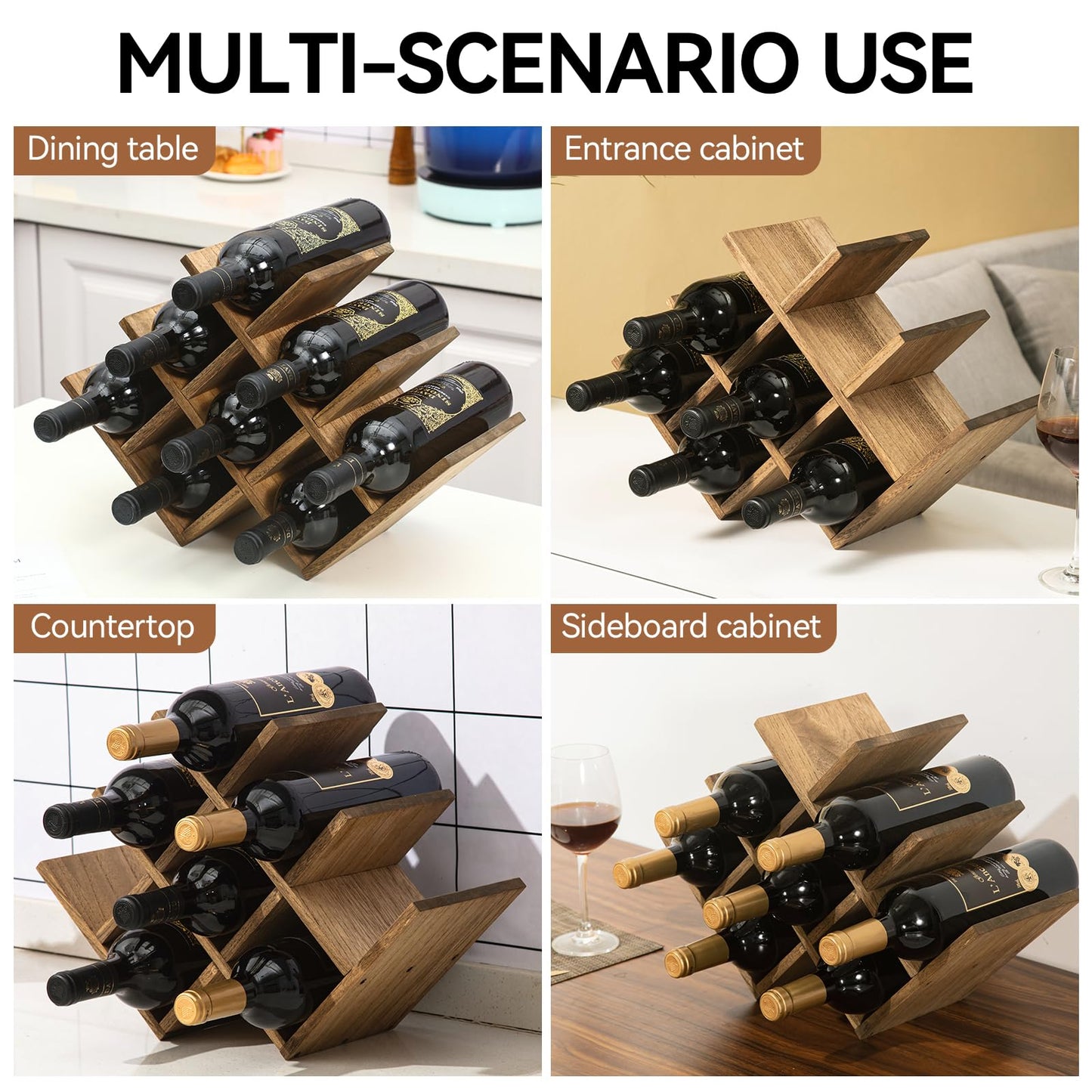 KIRIGEN Wooden 8-Bottle Wine Rack, 3-Tier Countertop Wine Bottle Holder for Cabinets, Bar Cart, Kitchen Counter, Pantry, Dining Room, 16.73 x 5.9 x 11.14 in, XHJJ3-DBR