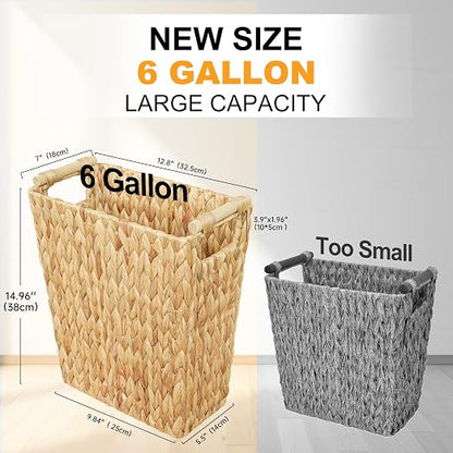 Coeusy 6 Gallon Wicker Trash Can with Wooden Handle,Wicker Waste Basket for Bathroom,Bedroom,Large Narrow Water Hyacinth Trash Basket,Rattan Boho Decor Farmhouse Bathroom Trash Can