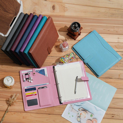 Wonderpool A4 PU Leather Portfolio Holder Ring File Document Case with Removable Binder Clipboard, Multi Pocket and Legal Pad for Business Organizer Interview and Meeting (Light Blue)