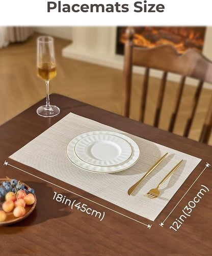 Leetaltree Beige White Placemats Set of 12 - Heat Resistant Non-Slip Place mats for Dining Table, Washable Durable PVC Vinyl Woven Table Mats(Beige White, 12)