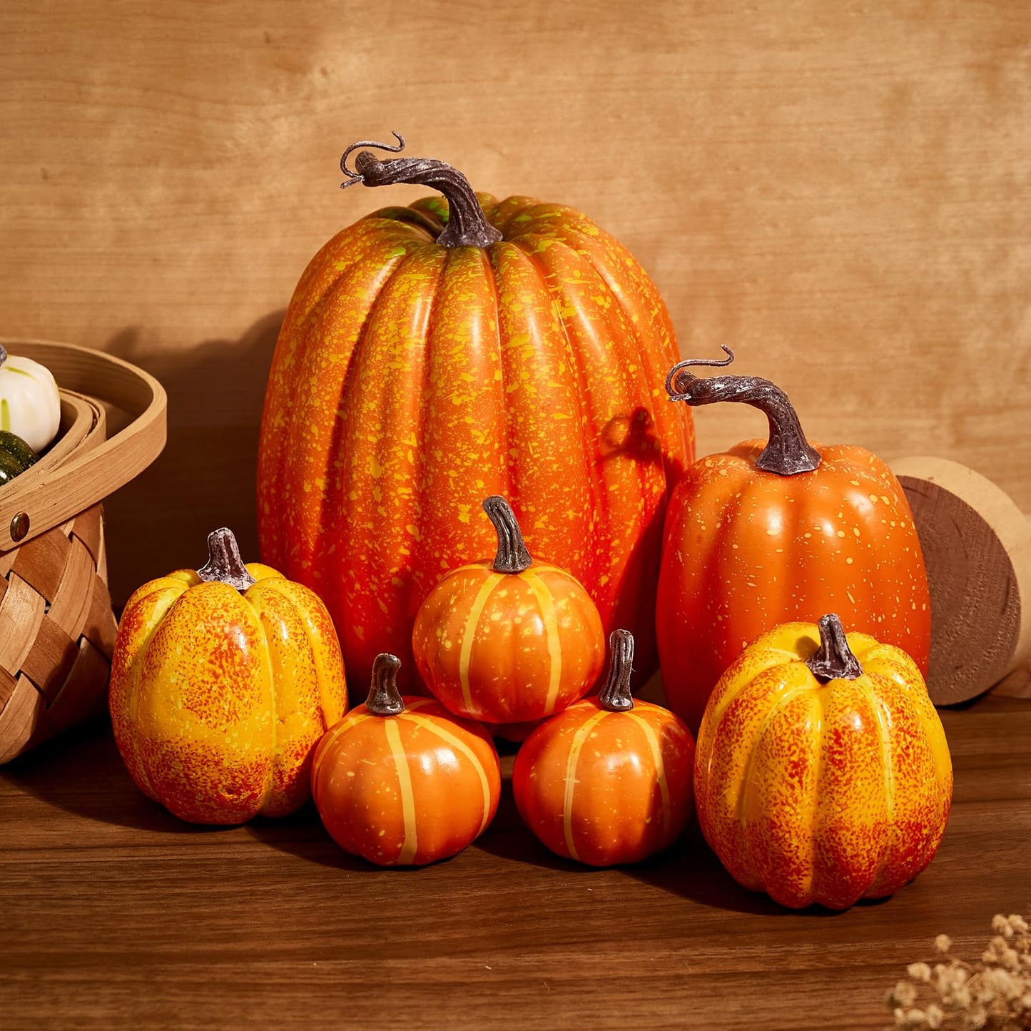 Autumn Pumpkin Decoration 7PCS Artificial Pumpkin Country Style foam Pumpkin Light Luxury Ornaments Fireplace Table Decoration Applicable to Halloween Harvest Day Thanksgiving Day (Orange)
