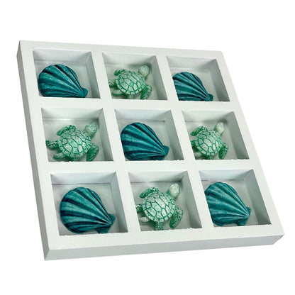 Coastal Shell and Sea Turtle Decorative Sculpture – 7" White Wood Tic Tac Toe Table Accent with Resin Pieces, Beach House Nautical Coffee Table Centerpiece, Ocean Home Decor, Adult Display Art