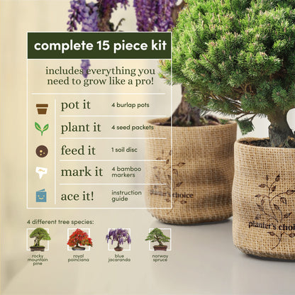 Planter's Choice Bonsai Tree Kit for Beginners & Plant Lovers - Grow Your Own Bonsai from Seed, 4 Species Starter Kit with Burlap Pots, Shears, Soil Disc, Markers & Guide, Gift for Mom or Grandma