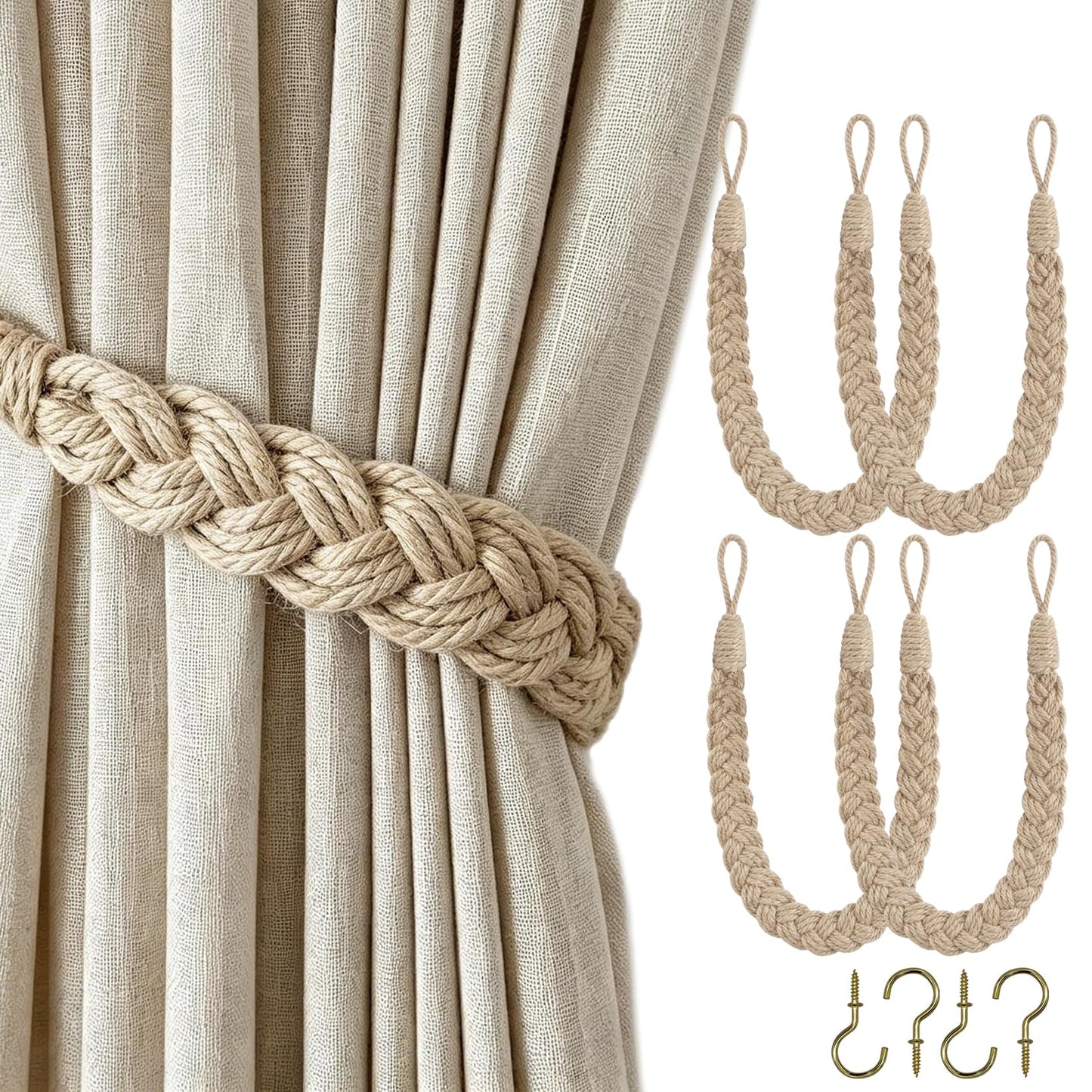Hand-Braided Faux Linen Curtain Tiebacks with Wall Hooks, Boho Window Curtain Tie Back Holdback, 25 inch Extra Long Rope for Living Room Bedroom, Set of 4,Linen