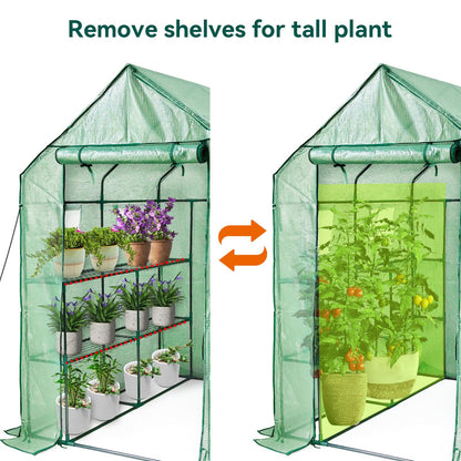 Walk in Greenhouse with Shelves,Plastic Growhouse Frame for Garden,12 Tiers Green House with Reinforced PE Cover and 4 Windows,56" L x 56" W x 77" H,for Indoor Outdoor Seeding and Plant Growing