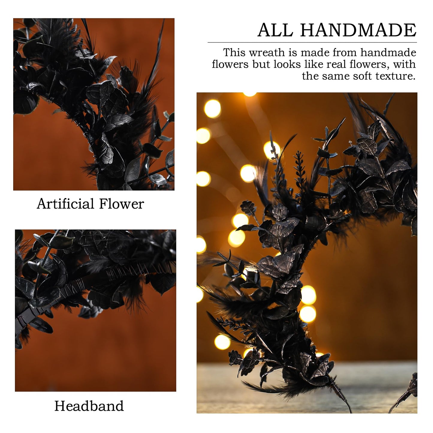 MOSTORY Black Flower Halo Crown - Handmade Gothic Floral Headband with Feather for Women Witch Goth Wedding, Dark Halo Headband for Renaissance Cosplay Photo Shoot